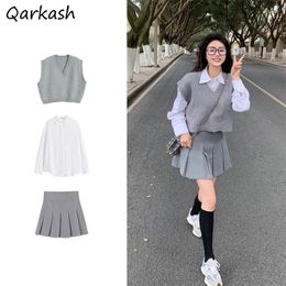 Work Dresses Sets Women 3 Pieces Outfits Fashion Simple Preppy Harajuku V-Neck Cropped Gray Sweater Vest Shirt And Mini Pleated Skirt