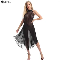 Casual Dresses Womens See Through Mesh Mock Neck Sleeveless Irregular Dress Sexy Transparent Party Club Night Out Swing Clubwear