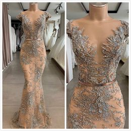 champagne luxurious mermaid african dubai evening dresses sheer neck lace beaded prom dresses sexy formal party bridesmaid gowns 269i