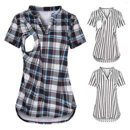 Women's Blouses Maternity Shirts Striped Plaid Print Lactation Tops V Neck Short Sleeve Summer Loose Cotton Womens