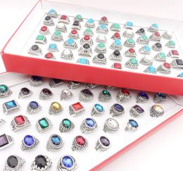 Whole 50PCsLot Mix Styles Vintage Womens Rings Antique Silver Plated Turquoise Glass Stone Mens Fashion Jewelry Party Gifts2572980