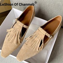 Casual Shoes LeShion Of Chanmeb Women Kid Suede T-strap Buckle Retro Tassel Square Toe Flat Nude Brown Fringe Flats Ladies