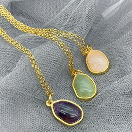 Pendant Necklaces Vintage Stainless Steel Green Purple Natural Stone Simple Necklace Fashion Women Waterdrop Charm Collar Jewellery
