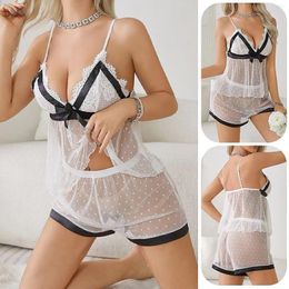 Bras Sets 2 Piece Lace Sexy Lingeries Women's Sleepwear Spaghetti Strap V Neck Polka Erotic Costumes See Through Pyjamas Suits