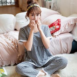 Women's Sleepwear Pajama Sets Women Plaid Short Sleeve Tops And Full Length Trousers Summer O-neck Casual Loose High Quality Home Lounge