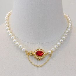 Pendant Necklaces Fashion Pearl Necklace Metal Line Shiny Short Clavicle Chain Sun Flower Ruby Red Stone Women Jewelry Arrival