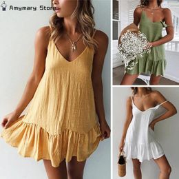 Casual Dresses Summer Sexy Spaghetti Strap V-neck Ruffle Dress Women Cotton Linen Green A-Line Beach Party Off Shoulder Mini Sundress