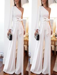 Two Pieces Wide Jumpsuit White Evening Dresses Women Pant Suits One Shoulder Poet Long Sleeve Casual Prom Party Gowns Custom Made5121143