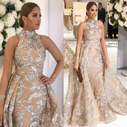 Yousef Aljasmi 2023 High Neck Prom Dresses with Detachable Train Modest Luxury Shiny Lace Applique Plus Size Evening Pageant Wear Gowns 274y