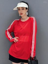 Women's T Shirts QING MO Red 2024 Summer Mesh T-shirt Striped Decoration Round Neck Long Sleeve Casual Fashion Loose ZXY043