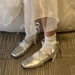 Dress Shoes 2024 Silver Small Leather French Mary Jane Square Head Low Heel Women Spring And Autumn