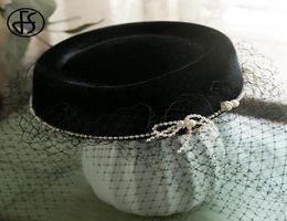 Stingy Brim Hats FS Black Hat With Veil Pillbox Weddings Fascinator Elegant Pearl French Beret Mesh Women Fedora Cocktail Party6831322