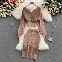 Work Dresses ALPHALMODA Sweater Top Skirt 2pcs Set Women Autumn Long Sleeve Design Wrap Hip Ladies Elegant Suit