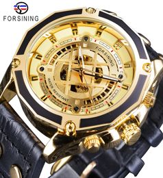 Forsining Half Skeleton Golden 2019 New Design Unique Dial Black Military Genuine Leather Mens Automatic Watch Top Brand Luxury6963026