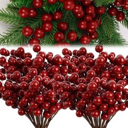 Decorative Flowers 1/10PCS Artificial Berries Branches With 5 Heads Branch Bouquet Red Holly Berry Stamen Plants Home Christmas Party Decor