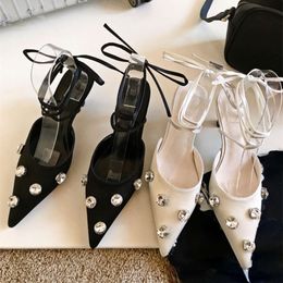 Rhinestone Pointed Mule Shoes Stiletto Heel Fashions Ankle Straps Roman Satin Designer Heeled Sandals Women Pumps