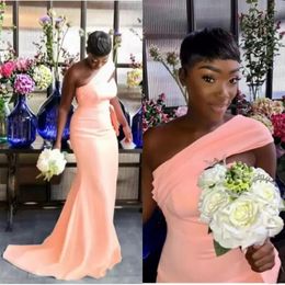 Peach Sexy Mermaid Bridesmaid Dresses for African Black Girl One Shoulder Long Satin Wedding Party Dress Women Formal Prom Gowns BC9852 261K