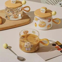 Mugs Cartoon Heat-resistant Glass Cup Cute Mug With Lid Spoon Creative Personality Trend Coffee Espresso Cups And Tea