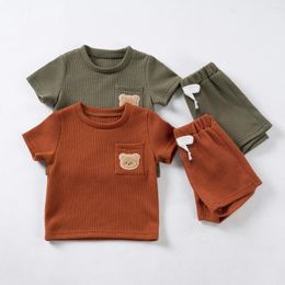 Clothing Sets Baby Boy Short-sleeved Suit Solid Colour Waffle Shorts Two-piece Set Cute Bear Pocket Leisure 0-3Y