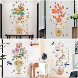 Wall Stickers Large 3D Peacock Magpie Lotus Flower Vase Sticker PVC Decal Chinese Style Living Room Home Decor Kids Bedroom Poster