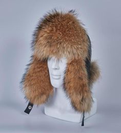 Trapper Hats Russian Ushanka Of Real Raccoon Fur Hat Earflap Men Silver Genuine Leather Winter Cap6524856