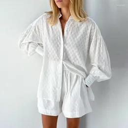 Home Clothing Summer2024French White Jacquard Cotton Puff Sleeve Casual Shorts Suit Ladies' Homewear Cool Pyjamas