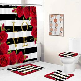 Shower Curtains Roses Curtain Set Love Colourful Flowers Black White Stripes Bathroom Decor Non-slip Bath Mat Toilet Lid Cover Home Carpet