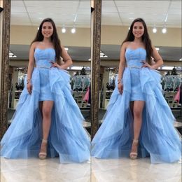 Light Sky Blue Lace Prom Dresses Ball Gown Detachable Train Ruffles Beaded Sashes Strapless Sweet 16 Dress Evening Gowns Party Formal G 352S
