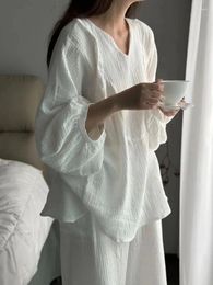 Home Clothing Korean Version White Long Sleeved Bubble Wrinkled Pajamas Women's Spring Autumn Fashion Loose V-neck Casual Women Pants Set