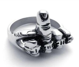 2017 NEW Fashion Jewellery Titanium Stainless Steel Classic Biker Silver Men039s Erect Middle finger Ring US 8158987839