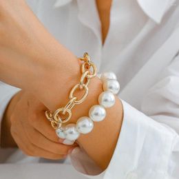 Charm Bracelets 2pc/set Vintage Hiphop Handmade Hand Strings Big Round Pearl Bracelet For Women Gold Plated Thick Cuban Chain Bangle Party