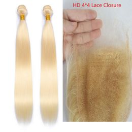 Brazilian Human Hair Double Wefts 2 Bundles With HD 4*4 Lace Closure 613# Blonde Colour Straight Body Wave Free Part 10-30inch