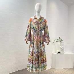 Casual Dresses 2024 Spring Summer Silk Long Sleeve Turn Down Collar Multicolor Floral Leaf Print Women Midi Dress High Quality