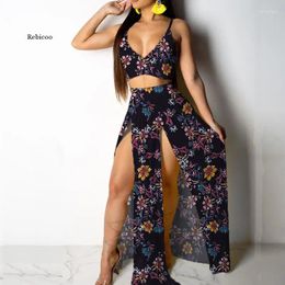 Casual Dresses Floral Print Sexy Spaghetti Strap Cami Crop Tops & High Waist Slit Long Skirts Set Summer Women 2 Piece Outfits