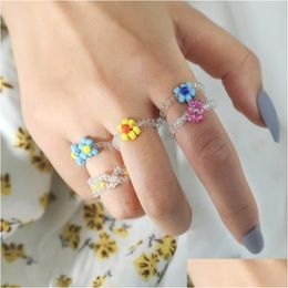 Band Rings 5 Pcs/Set Female Fashion Glass Beads Handmade Beaded Elastic Rope Adjustable Weave Flower Set For Women Girls Jewelry Gif Dh3Nd