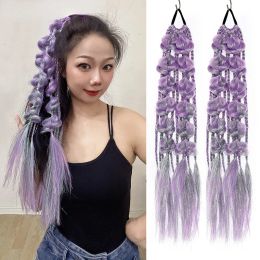 2PCS 24inch Braided Ponytail False Tail For Women Synthetic Hair Extension Rainbow Braids Overhead Pony Horse Tails Pigtail Hairpiece