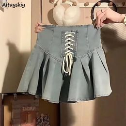 Skirts Stretchy Blue Denim Women Lace-up Sweet Mini Vintage BF A-line Korean Style Retro Trendy Kawaii Girls All-match Chic