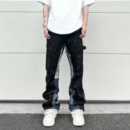 Hip Hop Contrast Colour Spliced Spot Ink Spray Micro Flared Jeans for Men Straight Bag Y2K Denim Trousers Oversized Cargo 240508