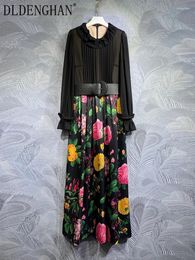 Casual Dresses DLDENGHAN Autumn Maxi Dress Women Ruffle O-Neck Flare Sleeve Belt Floral Print Elegant Party Long Fashion Designer