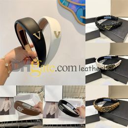 Luxury Leather Hair Bands Rhinestone Letter Hair Hoops Women Girl Brand Badge Headbands Fashion Woven Headband with Box