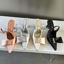 Designers Satin Low Heeled Sandals Summer New Bow Tie Slingback Heels Elegant Pointed Toe Pumps Women Mules