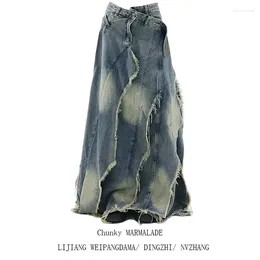 Skirts Women Blue Denim Half Body Skirt Tassels Bottoms High Waist Casual Korean Mid Length Baggy Vintage Female Long 2024