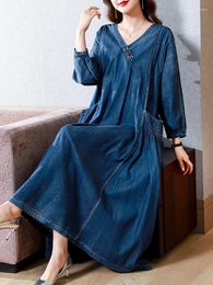 Party Dresses TIYIHAILEY A-line Women Long Mid-Calf Full Sleeve Denim Spring Chinese Style Embroidery V-Neck 2024