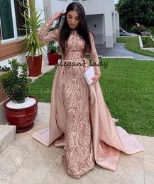 Saudi Arabia Long Sleeves Mermaid Muslim Evening Dress with Detachable Train Rose Gold hunter Sequin Kaftan Dubai Prom Formal Dres7232864