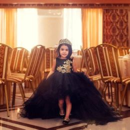 2020 New Black Ball Gown Flower Girl Dresses For Weddings Gold Appliqued Puffy Ruffles Princess High Low Girls Birthday party Pageant G 257Z