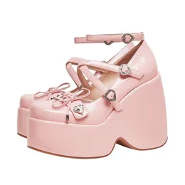 Dress Shoes Sweet Heart Buckle Wedges Mary Janes Women Pink T-Strap Chunky Platform Lolita Woman Cosplay 43