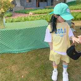 Girl Summer Casual T-shirt Suits Korean Style Baby Youth Teenage Girls Short Sleeve Contrast Colour 2Pcs Clothes Sets 240508