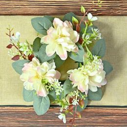 Decorative Flowers Home Decoration Garland Elegant Dahlia Wreath Candle Holder With Green Leaves Farmhouse Wedding Table Centrepiece For