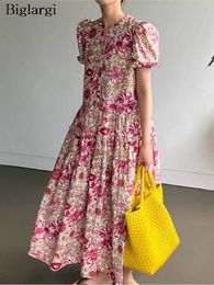 Basic Casual Dresses Summer floral printed long skirt for women sweet and fashionable short sleeved pleated hem for womens dress loose pleated womens dressL2405