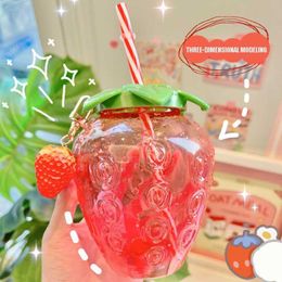 Mugs Ins Wind Net Red Plastic Cup Strawberry Straw Cute Female Hand-held Milk Tea Student Portable Water Bottle 1731